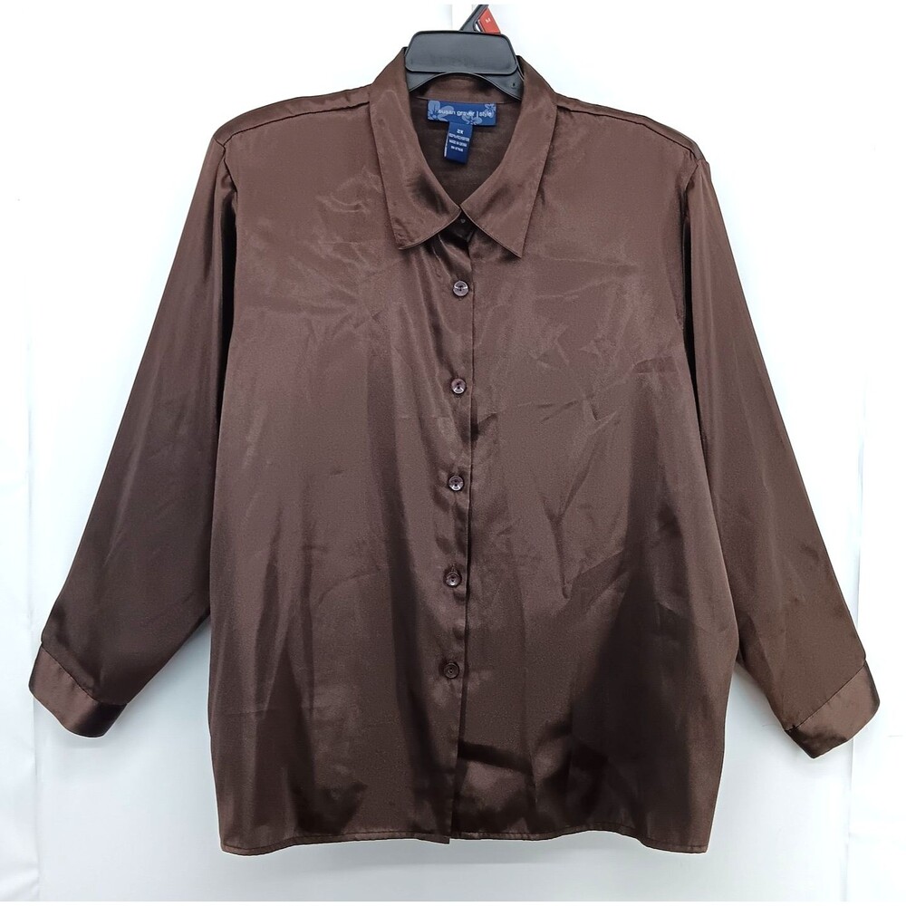 Susan Graver Shirt Women Size 2X Brown Long Sleeve Button Up Polyester Satin Top